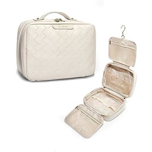 EACHY Travel Toiletry Bag with Hanging Hook, Portable Makeup Cosmetic Bags for Women, Water-Resistant Full-Size Travel Accessories (Plait White)