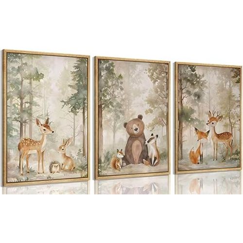 Framed Woodland Animal Nursery Canvas wall art Wild Animals Forest Paintings Pictures Wall Decor Fox Bear Deer Watercolor Poster Print