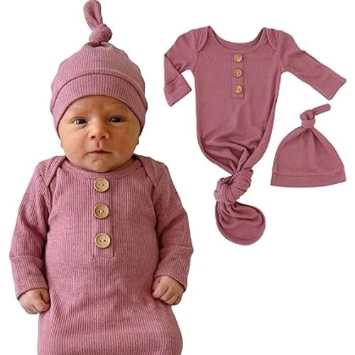 Caden Lane Newborn Knotted Gown with Hat, Soft Bamboo Viscose Baby Sack, Unisex Infant Breathable Night gown