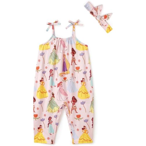 Disney Frozen Elsa Princess Minnie Stitch Marie Girls Romper with Bow Tie Strap and Headband Cute Jumpsuit for Baby & Toddler