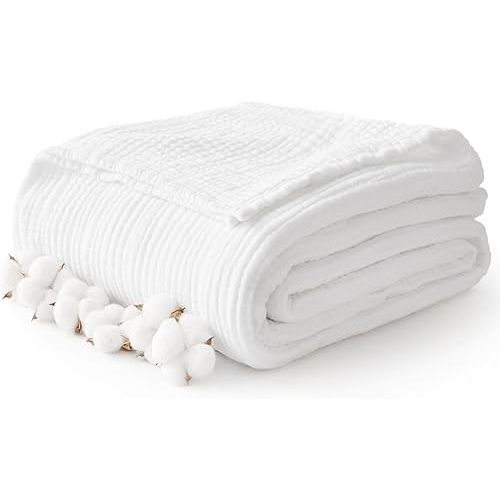 100% Cotton Muslin Blanket Large 50" x 70", 6 Layers Breathable and Lightweight Cotton Blankets for Bed and Couch, Quilt Bedspread, Gauze Throw for Adults, White