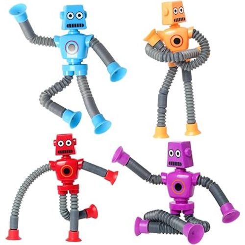 4 Pcs Telescopic Suction Cup Robot Toy, Coolest Pop Tubes Sensory Toys for Toddlers, Educational Fidget Toys Robot Party Favors for Anxiety Kids for 3-9 Year Old Boys Girls
