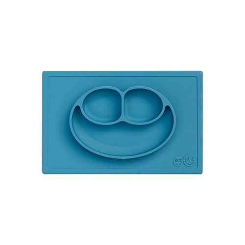 ezpz Happy Mat (Blue) - 24 Months+ - 100% Silicone Suction Placemat + Divided Plate with Three Compartments - Toddler + Preschool Essentials