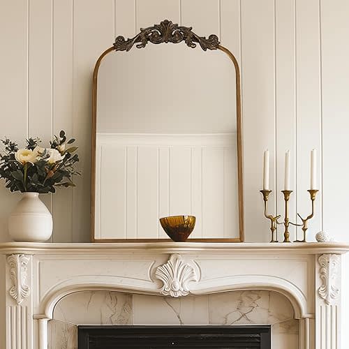 USHOWER Gold Anthropologie Vintage Mirrors for Wall, 24" x 36" Antique Baroque Style with Ornate Frame, Arched Brass Decoration for Fireplace, Bathroom, Living Room, Entryway Remodel
