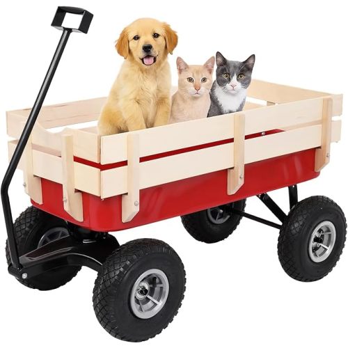 Outvita All-Terrain Cargo Wagon with 10'' Air Tires, Steel Structure Wagon with Removable Wooden Side Panels for Kids, Garden and Cargo, Up to 220lbs Capacity, 38'' L x 19'' W x 31'' H (Red)