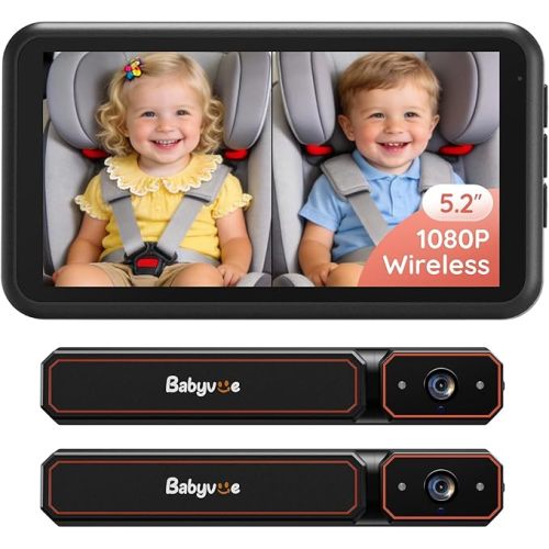BV6PRO Wireless Dual Car Camera Baby Monitor Fast Setup, HD1080P Spilt-Screen Baby Car Monitor for 2 Kids, Auto IR Night Vision Backseat Camera for Newborns Gift
