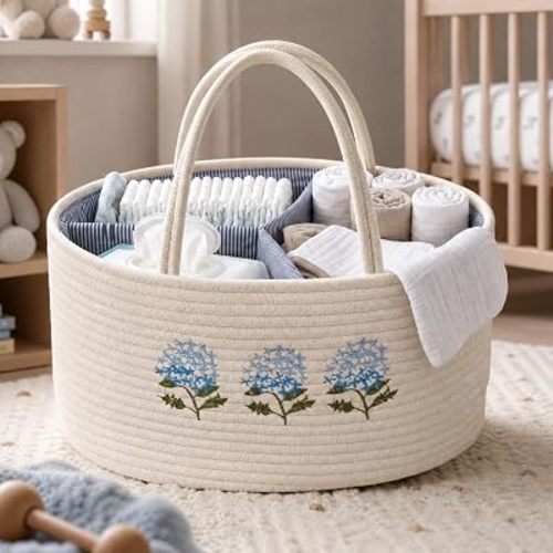 Blue Hydrangea Baby Caddy Organizer, Cotton Rope Baby Diaper Caddy with 3 Compartments Hand-Braided Pink Nursery Storage Basket with Bow Embroidery Newborn Essentials Gift