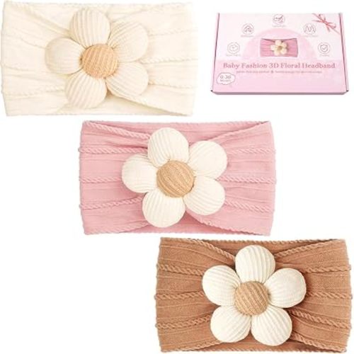 CÉLLOT 3Pcs Flower Soft Nylon Essentials Stretchy Headbands for Baby Girls