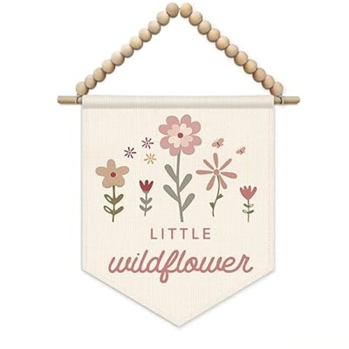 SJDFCSA Boho Girl Nursery Wall Art Decor, Wildflower Nursery Decor, Little Wildflower Pink Boho Wall Hanging Display Pennant Flag for Girls Toddler Kids Room Bedroom Playroom