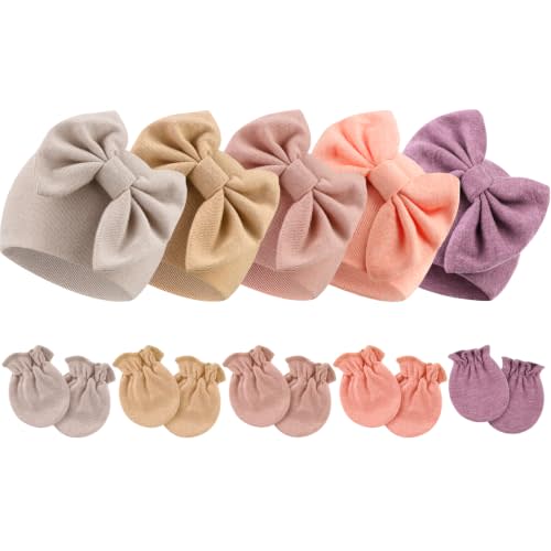BQUBO Newborn Baby Girls Hats Mittens Set Hospital Hat Beanie Infant Bow Hats Baby Cotton Gloves for 0-6 Months