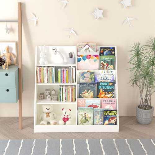 Toy Storage Organizer and Kids Bookshelf, Multifunctional 4 Tier Kids Bookcase with Bookcase Display Stand, No Chemical Smells, Toddler Bookshelf for Kids Rooms & Nursery, White