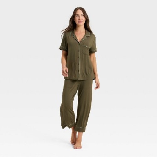 Women's Cloud Knit Short Sleeve Notch Collar Top and Cropped Pants Pajama Set - Auden™ Olive Green M