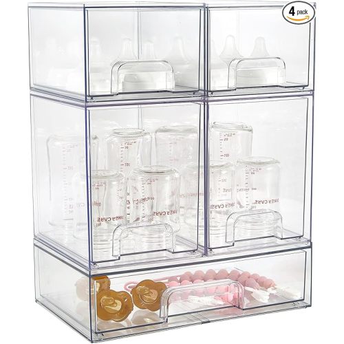 Baby Bottle Organizer, 5 Pack Clear Space-Saving Stackable Drawer with Handle, Baby Bottle Storage Organizer for Countertop and Cabinet