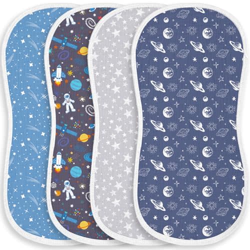4 Pack Baby Burp Cloths for Boys Girls, Soft Cotton, Deep Blue Space Galaxy Theme Design, Super Absorbent Baby Burping Cloths for Newborns, Machine Washable and Reusable Baby Spit-Up Cloths