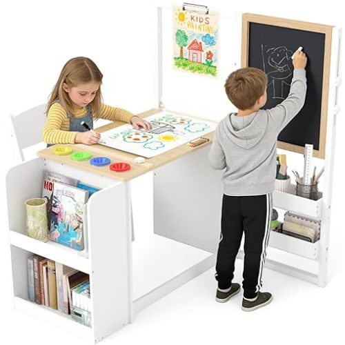 Frogprin 3 in 1 Kids Art Table and Chair Set, Easel Table for Kids, Toddler Craft and Play Wood Activity Desk with Adjustable Double-Sided Magnetic Easel, Paper Roll, Storage Box, Book Shelves