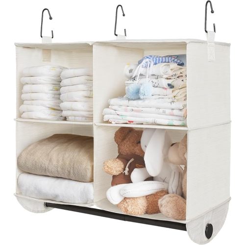 StorageWorks Hanging Closet Organizer with Metal Rod, 4-Section Closet Organizers and Storage, Collapsible Hanging Shelves for Baby Clothes, Shoes, Sweater Storage, Ivory and White
