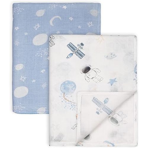 GLLQUEN BABY Muslin Swaddle Blankets Breathable Receiving Blankets (35" x 40") 2-Pack Soft Baby Blankets for Girls and Boys Newborn Essentials Muslin Burp Cloths Swaddle Wrap Baby Gift(Astronaut)