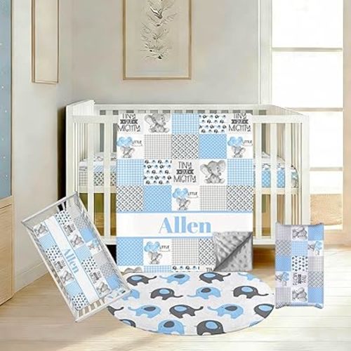 Personalized Baby Boy Crib Bedding Set, Custom Name Elephant Nursery Bedding, 3 Piece Set with Dotted Minky Blanket, Fitted Crib Sheet and Changing Pad Cover for Newborns and Toddlers