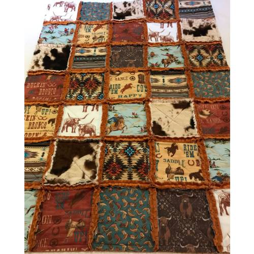 Handmade Cowboy Western Crib Rag Quilt, Rust Blue Horses Longhorns Baby Bedding