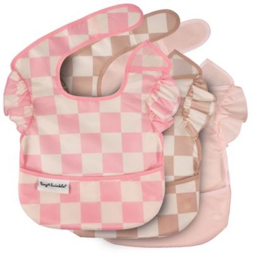 Tiny Twinkle Mess-Proof and Waterproof Baby Food Bib for Boys or Girls, Machine Washable and BPA-Free w/Adjustable Closure (3-Pack, Checkers Girl)