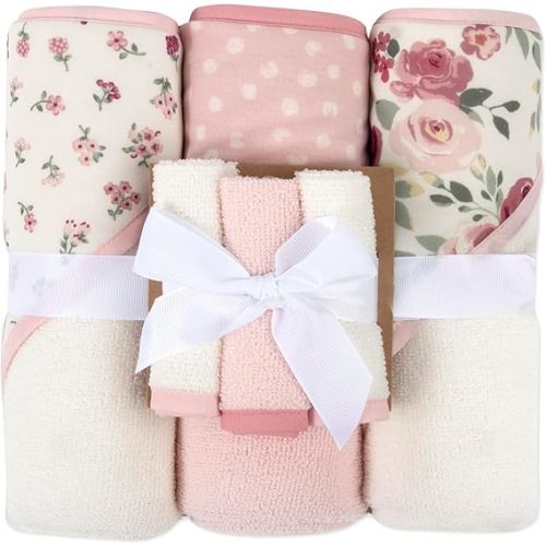 Hooded Baby Bath Towel and Washcloth 6 Piece Set for Newborns, Infants & Toddlers, Boys & Girls Baby Hooded Towels Set (Roses & Blossoms)