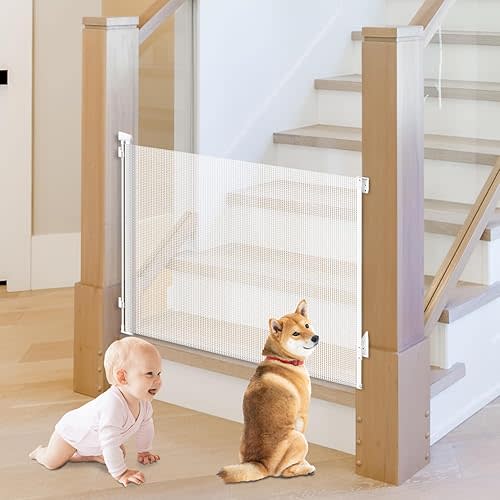Retractable Baby Gate, Pet Gate for Stairs, Mesh Dog Gate for Doorways, Safety Locking Gates for Baby Indoor, Stair Gate for Outdoor, Hallways, Doorways (White, 70 inch)