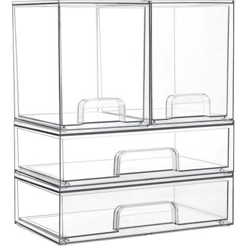 Clear Stackable Storage Drawers Set of 4, Plastic Organizer Bins for Bathroom Supplies,Ideal for Cabinet,Pantry,Laundry Room Organization