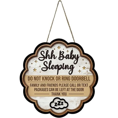 Baby Napping Sign for Front Door, No Knock No Bell Wooden Door Sign, Sleeping Door Hanger with Leave Packages Here Message, Nursery Decor for Newborn Baby Room