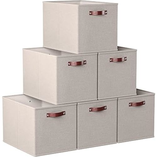 Ornavo Home 13 x 15 x 13 Kallax Storage Cube Bins, Foldable Collapsible Fabric Storage Bins Box Linen Shelf Basket Cube Organizer for Closet with Leather Handles, 6 Pack, Beige