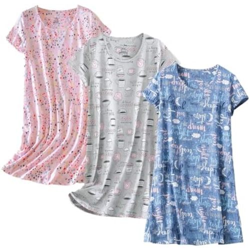 Inadays 3 Pack Women's Cotton Nightgown Sleepwear Short Sleeves Nightshirt Fun Print Sleepdress Loose Comfy Sleepshirts