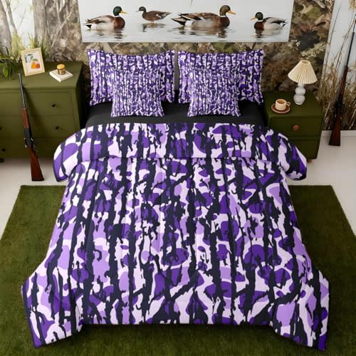 King Size Camouflage Bed in a Bag with Comforter, Sheets, Pillowcases & Cushion Cover Boys Girls Camo Hunting 7 Piece Bedding Set Women Men Ultra Military Style Comforter Set with Sheets Deep Purple