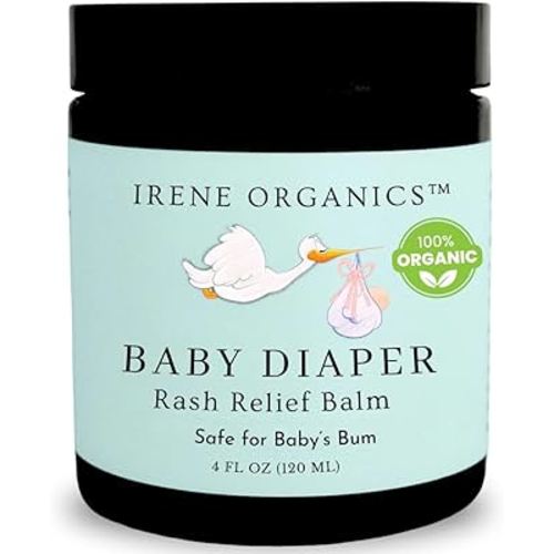 Organic Diaper Rash Balm for Babies by Irene Organics – Natural Diaper Cream with Shea Butter, Coconut Oil & Zinc Oxide – Gentle Baby Eczema & Rash Relief, 4oz
