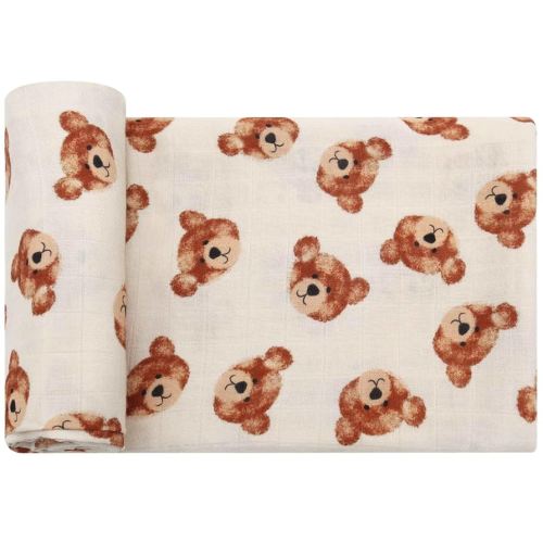 LifeTree Muslin Baby Swaddle Blankets, Boys Girls Muslin Swaddling Wrap Receiving Blanket for Newborn, 70% Viscose from Bamboo and 30% Cotton, Large 47" x 47", Bear Head Pattern