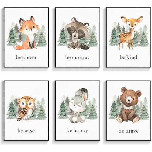 gooptyinh Framed Woodland Nursery Animal Canvas Wall Art, 6 Piece Inspirational Forest Animals Print Posters, Motivational Quotes Cute Bear Fox Rabbit Deer Raccoon Owl Decor for Baby Bedroom 8x10in