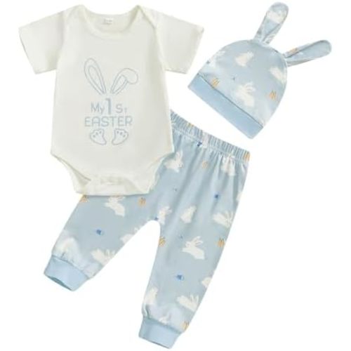 Newborn Baby Boy Girl Easter Day Clothes Set Short Sleeve Rabbit Romper Long Pants Hat My First Easter Outfits