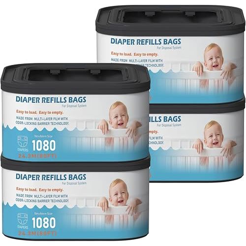 Jumbo+ Square Refills Disposal Bags Refill (Baby Powder Scent) Compatible with Diaper Genie Classic, Compact, Premier and Select Pails, Hold Up to 1080 Newborn-Sized Diapers Per Refill, 4 Pack