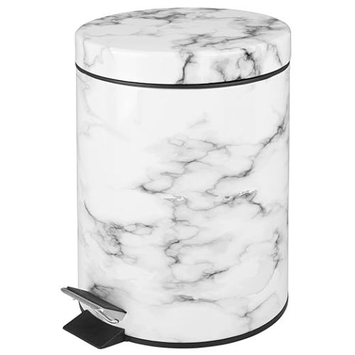 mDesign Pedal Waste Basket — Metal Waste Bin with Pedal, Lid and Plastic Bucket Insert — Perfect for Bathroom, Kitchen, and Office — 5 Litre Household Rubbish Bin with Ergonomic Design — Marble Print