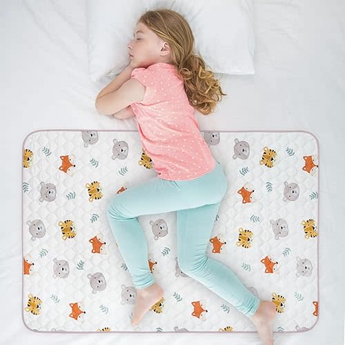 WOVENX Organic Incontinence Pads for Kids & Toddlers - 5 Layer Waterproof Protectors for Overnight Bed Wetting - Reusable & Washable Pee Pads - Fits Twin to Full Size Beds - 34" x 52" Tiger Bear Fox