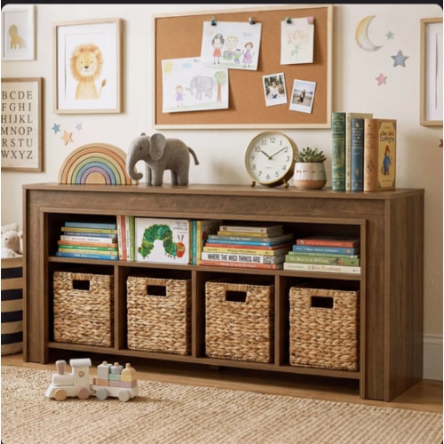 Gracie Oaks 63" Bookcase with 4 Woven Baskets, Farmhouse Low Bookshelf Storage Organizer | Wayfair
