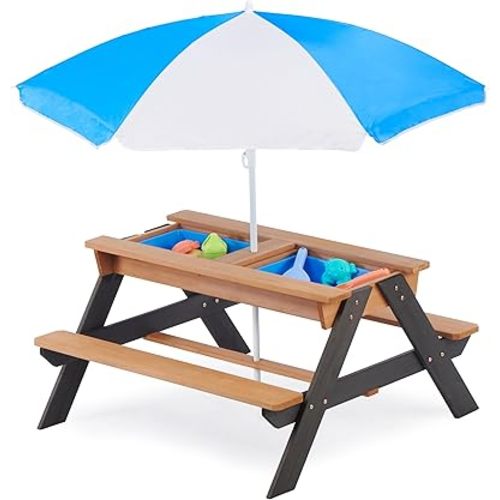 Wooden 3-in-1 Sand & Water Table with Umbrella, Kids Picnic Activity Table with Removable Top for Outdoor Backyard Patio Play