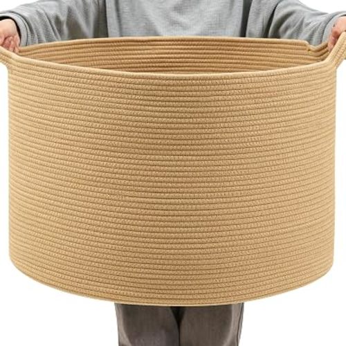 Foldable Laundry Hamper Basket with Collapsible Handle Cotton Rope Soft Woven Fabric Storage Organizer Clothes Toys Nursery Bedroom Dorm Space Saving Bin (Camel, 65L(19.7"D x 12.6"H))