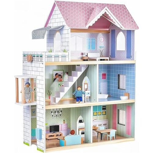 Giant bean Large Pink Wooden Dollhouse with Furniture for Girls with Doorbell, Light,Elevator, 6 Rooms 2.6ft High,15 Pcs Furniture & 3 Dolls, Kids Playhouse Toy for Girls 3-7+, 31.5" x 25" x 12.2"