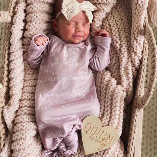 Solid Mauve Heart Personalized Newborn Baby Knot Gown - Script