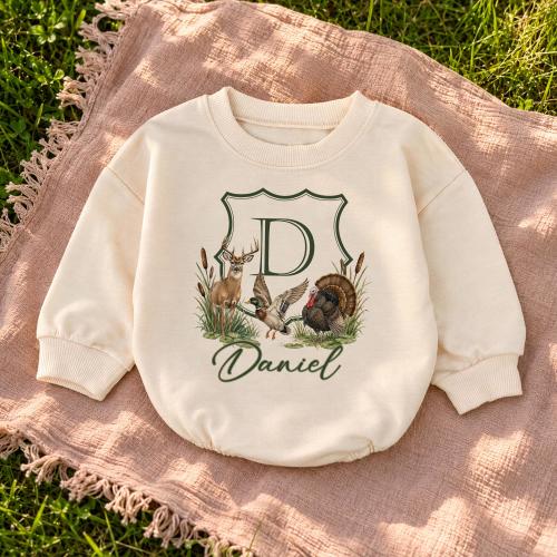 Personalized Hunting Baby Romper, Deer Duck Turkey Outfit, Monogram Baby Boy Clothes, Rustic Woodland Baby Gift, Custom Baby Shower Gift
