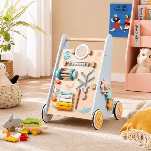 Wooden Baby Walker with 8-in-1 Activity Center and Wheels for Toddlers, Blue