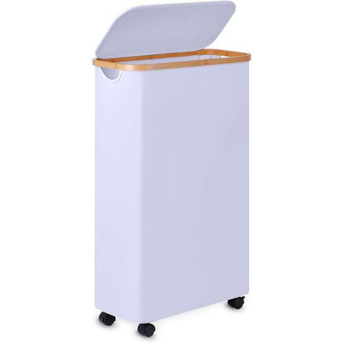 Slim Laundry Basket with Wheels,Narrow Hampers for Laundry,Freestanding Laundry Hamper with Lid&Bamboo Handles,Collapsible & Waterproof Tall Cloth Hamper for Dorm Family(60L White)