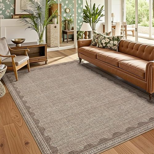 Takywep Scalloped 8x10 Rug for Living Room, Washable Non-Slip Solid Rugs Modern Low-Pile Carpet 8 x 10 Rug for Bedroom Dining Nursery Mat with Rubber Back, Coffee