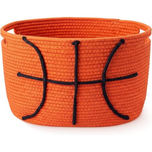 RattanView Basketball Cotton Rope Basket, Brown Woven Storage with White Stitch Pattern, 15 x 9 x 10 in, Empty Basketball Gift Organizer for Books, Room and Sports Decor