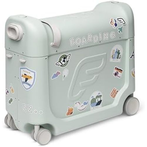 Stokke JetKids BedBox, Green Aurora - Ride-On Suitcase for Kids 2-7 Years Old (up to 77 lbs) - Transforms Into Bed - Includes Mattress, Decorative Stickers & Adjustable Carrying Strap