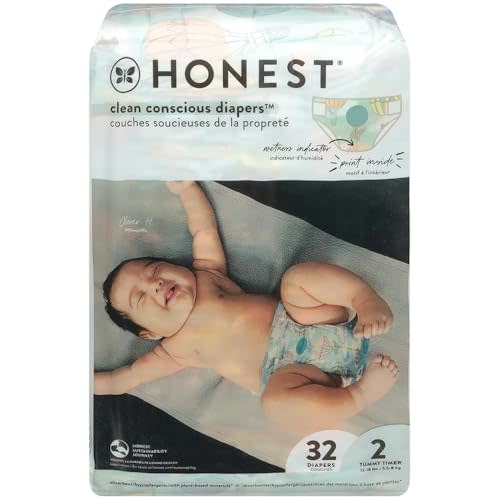 The Honest Company Daytime Diapers, Multi-Colored Giraffes, Size 2, 32 Ct | Baby Diapers, Size 2 (12-18 Lbs), 32 Ct. Hypoallergenic, Fragrance-Free, Up To 100% Leak Protection, Plant-Based.